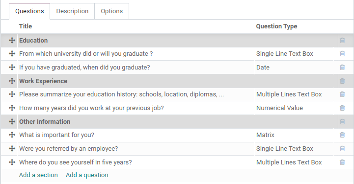 A sample of categories and questions for a candidate.