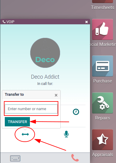 Transferring a call within the phone widget, with the transfer buttons highlighted.