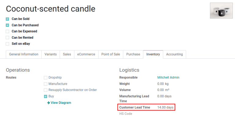 Встановіть *Час виконання замовлення клієнтом* у формі продукту.