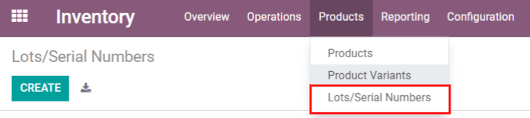 Натисніть Продукти, потім Лоти/Серійні номери, щоб відобразити всі продукти з лотами або серійними номерами.