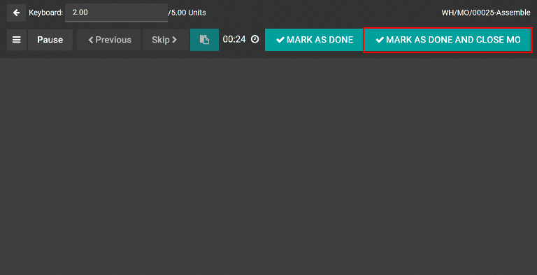 Кнопка Позначити як Готово і закрити МО" в планшетному представленні замовленні на виробництво.