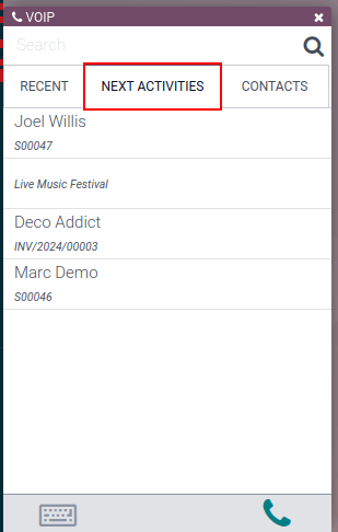 Віджет VoIP із виділеними наступними діями, що показують завдання нижче.