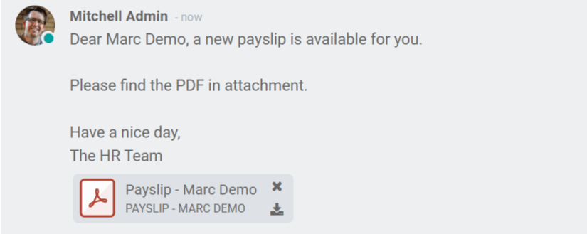 Нова платіжна відомість надсилається співробітнику електронною поштою, і електронна адреса відображається в чатері.