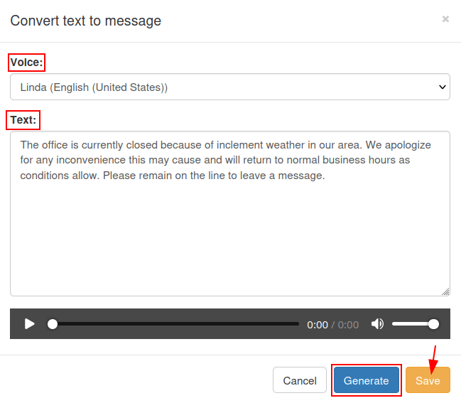 Перетворити текст у вікно повідомлення з голосовим керуванням, текстом, кнопкою створення та виділенням збереження.