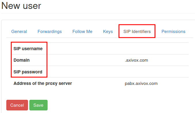 Важливі облікові дані, що використовуються для зовнішніх налаштувань Axivox VoIP.