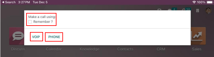 Вікно із запитом на вибір, чи використовувати VoIP, чи телефон пристрою для здійснення дзвінка.