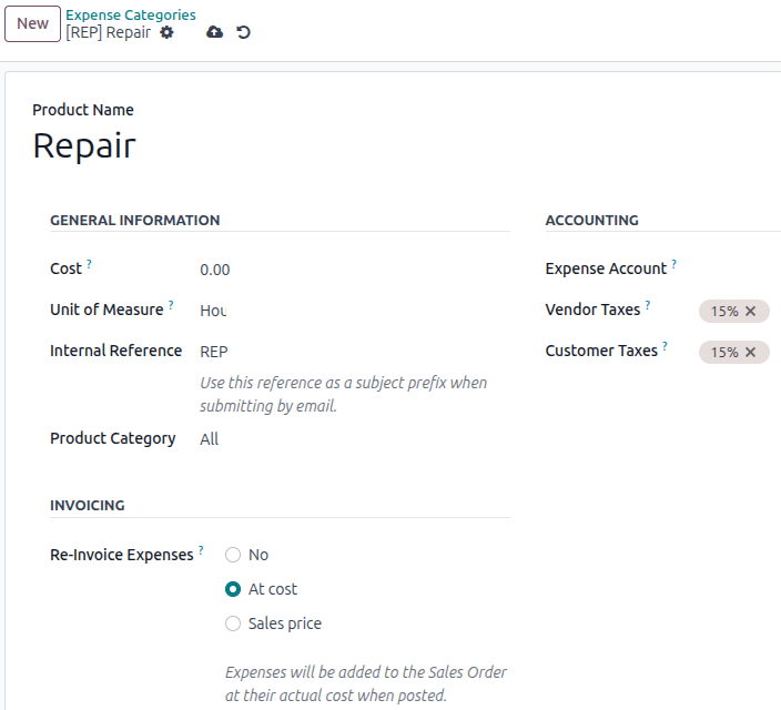 Sample of the Expense Category form in the Expense app.