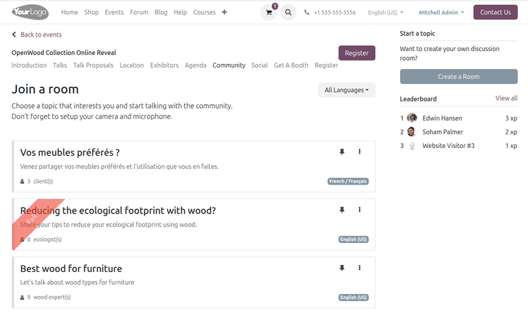 Meeting rooms page on event webpage in Odoo Events.