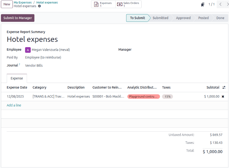Sample of an expense report in the Expense app.