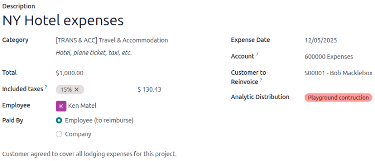 Sample of a complete expense form in the Expense app.