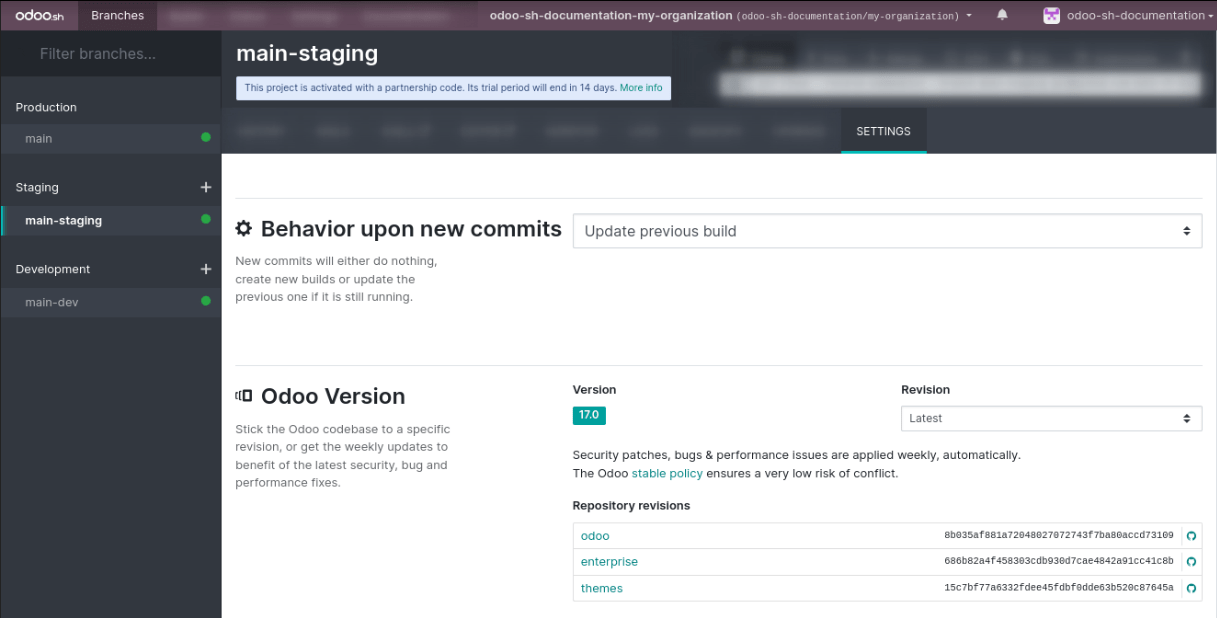 Вкладка налаштувань гілок