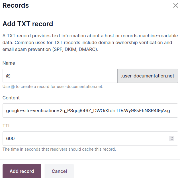 Створення TXT-запису для підтвердження права власності на доменне ім'я
